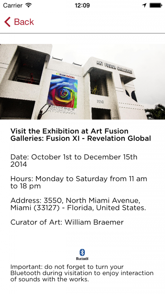 Tela do app em Inglês, sobre a exposição na Art Fusion Galleries.