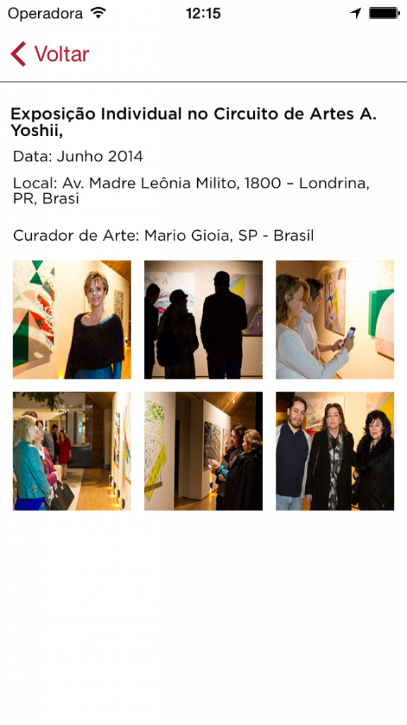 Tela do aplicativo em Português, sobre a Vernissage da exposição em Londrina